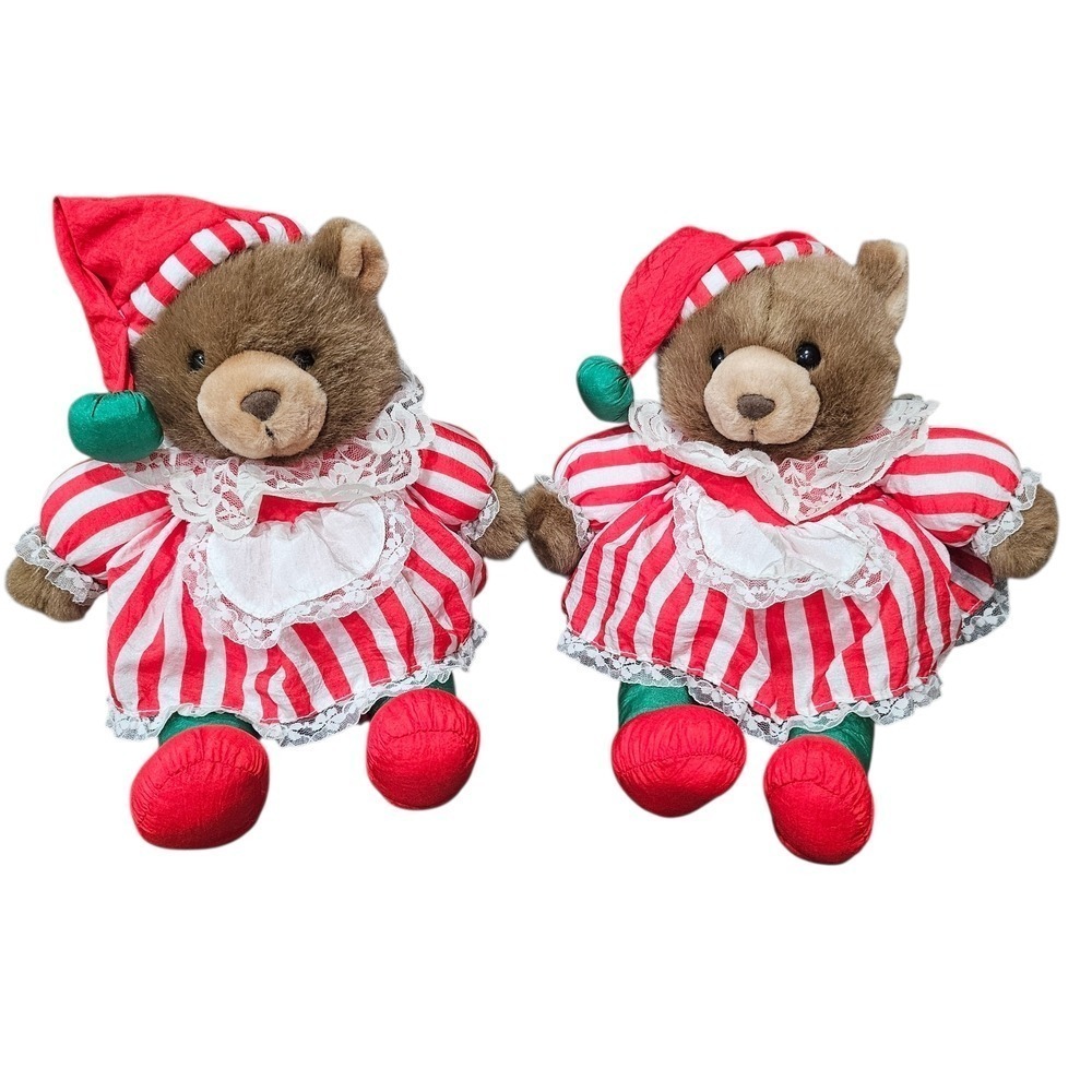 Vintage 90s Christmas Teddy Bear Nylon Puffalump Plush Holiday Bears Lot of 2